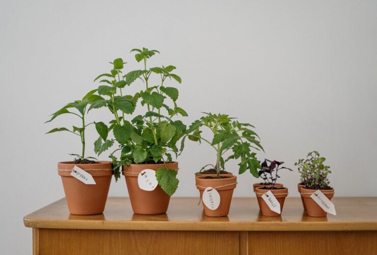 Plantas aromáticas frescas cultivadas en la cocina